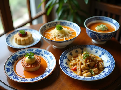 Colorful traditional Nyonya cuisine dishes served on antique Peranakan porcelain