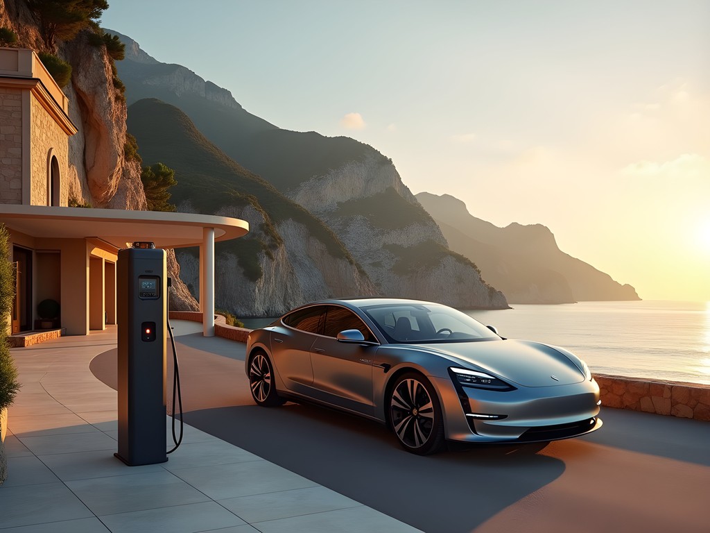 Electric vehicle charging station at luxury hotel on Amalfi Coast with Mediterranean sea view