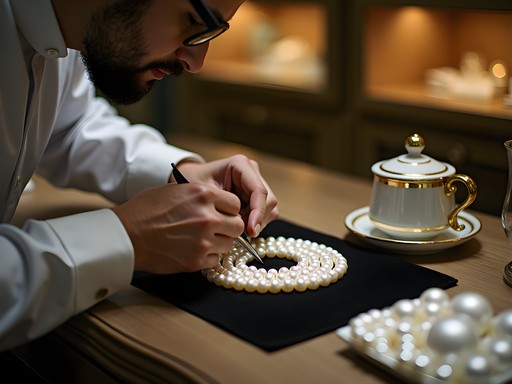 Luxury pearl selection process at Al Mahmood Pearls in Manama