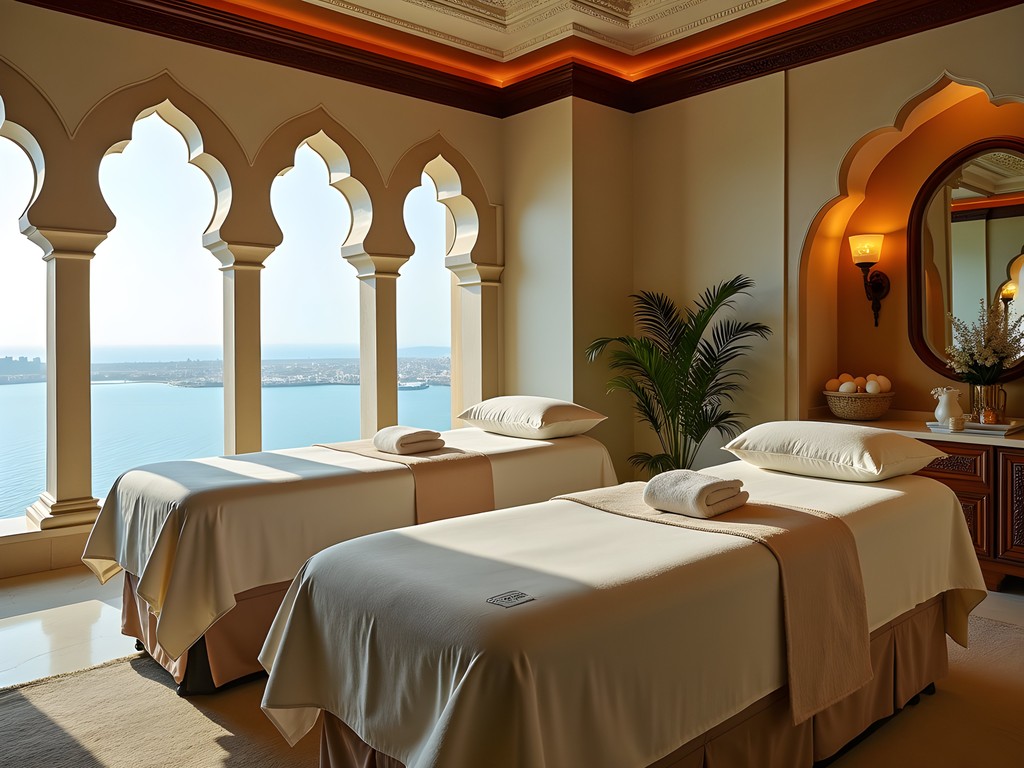 Luxury treatment room at Four Seasons Bahrain Bay spa overlooking the Arabian Gulf