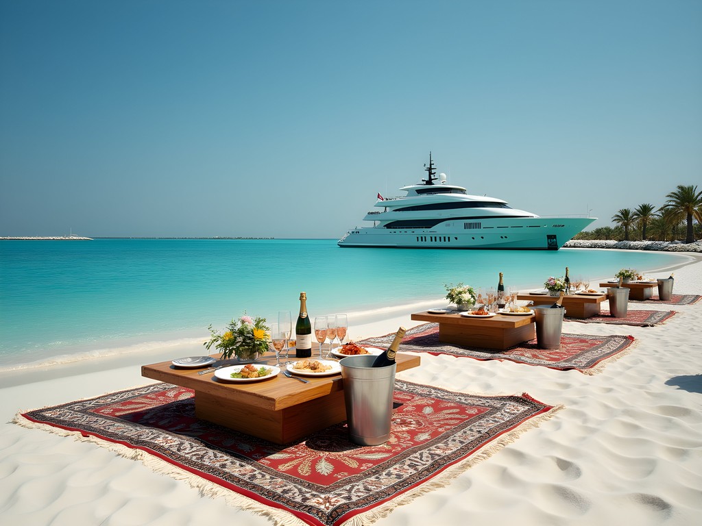 Exclusive luxury lunch setup on Jarada Island sandbar in Bahrain