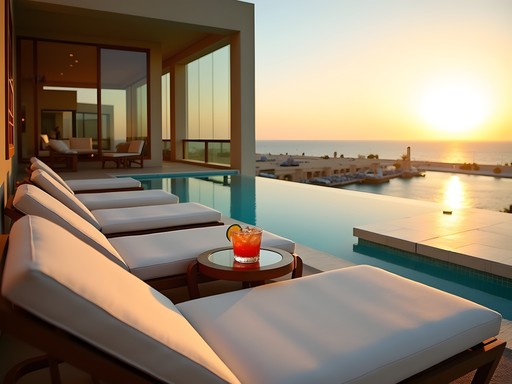 Luxury beachfront terrace at Jumeirah Royal Saray Bahrain at sunset