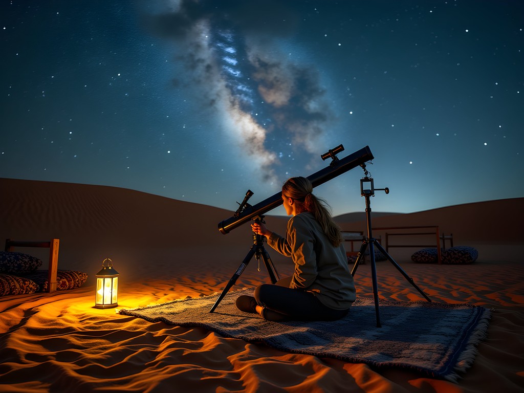 Woman using professional telescope for stargazing in Moroccan desert camp