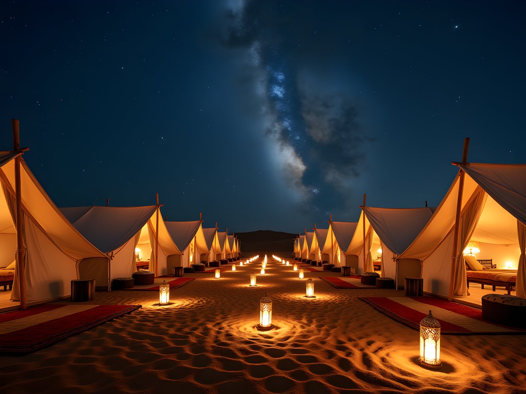Luxury desert camp in Agafay with lantern-lit pathways under starry night sky