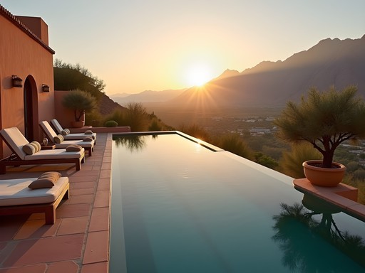Luxury mountain kasbah infinity pool overlooking Atlas Mountain valleys at sunset