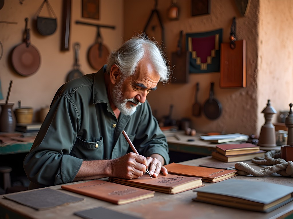 Moroccan artisan crafting traditional leather goods in medina workshop