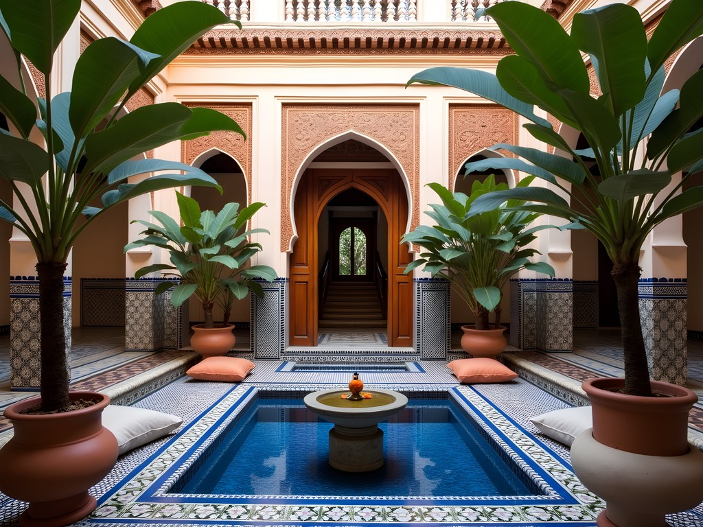 Sunlit traditional Moroccan riad courtyard with blue tile fountain and citrus trees