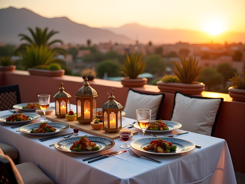 Elegant rooftop dinner setting in Marrakech with Atlas Mountains view at sunset