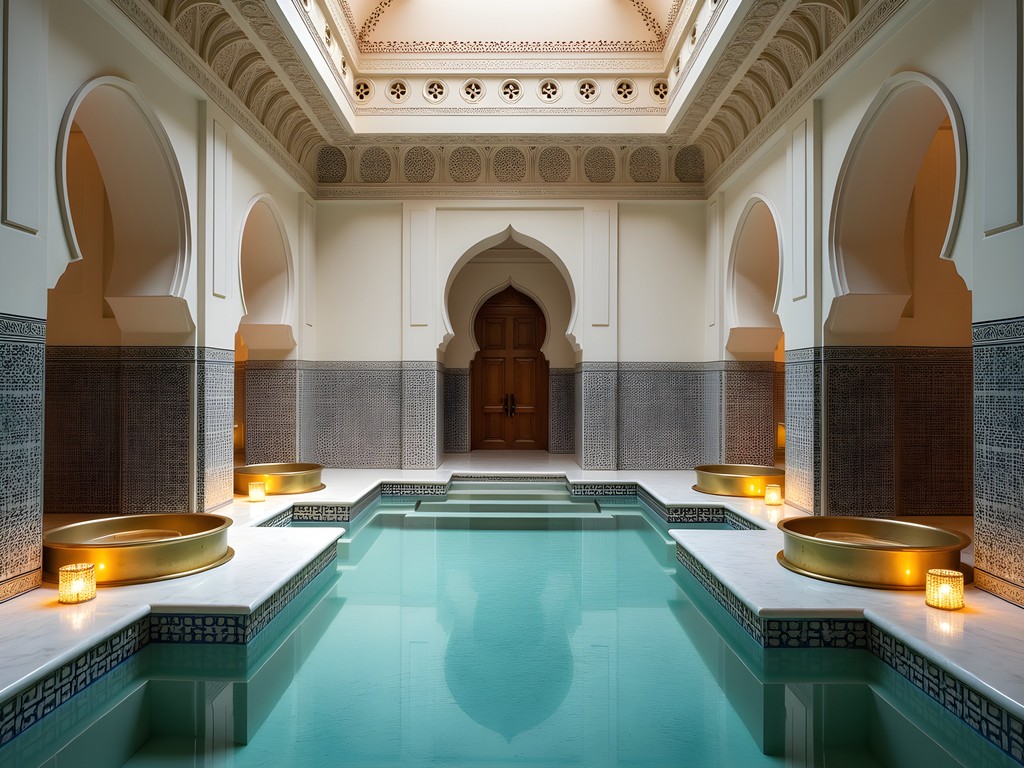 Luxurious marble hammam interior with ornate mosaic details and soft lighting