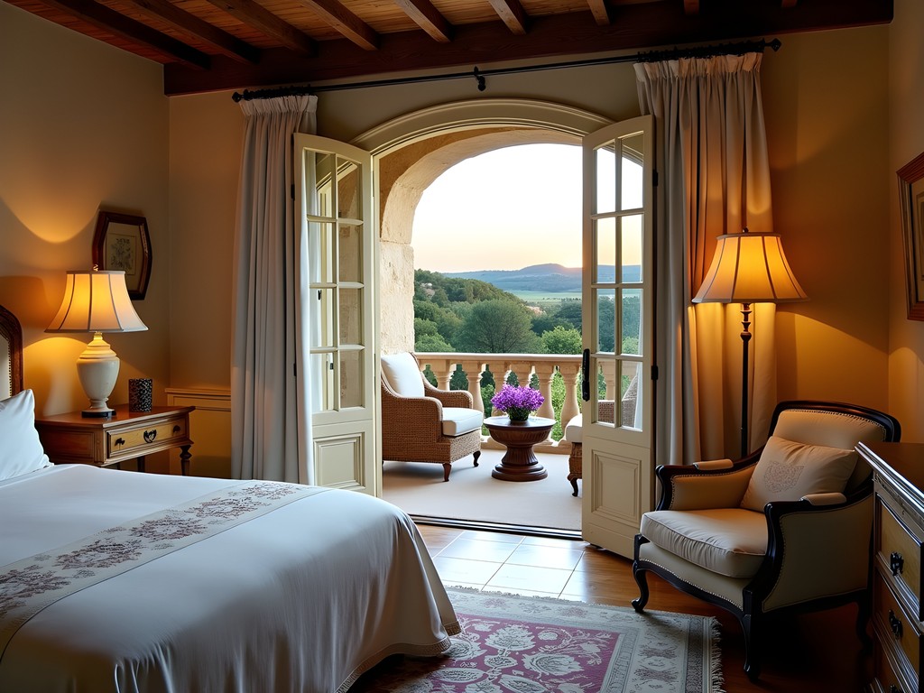 Elegant luxury suite at Château de Berne with private terrace overlooking vineyards at sunset
