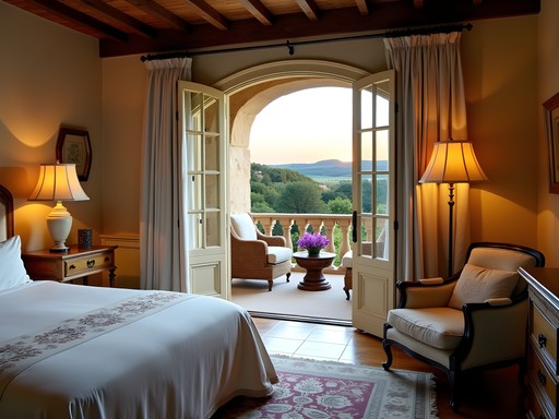 Elegant luxury suite at Château de Berne with private terrace overlooking vineyards at sunset