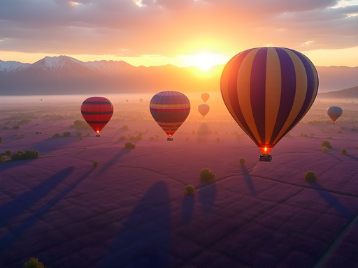 Hot air balloon floating over endless purple lavender fields in Valensole, Provence at sunrise