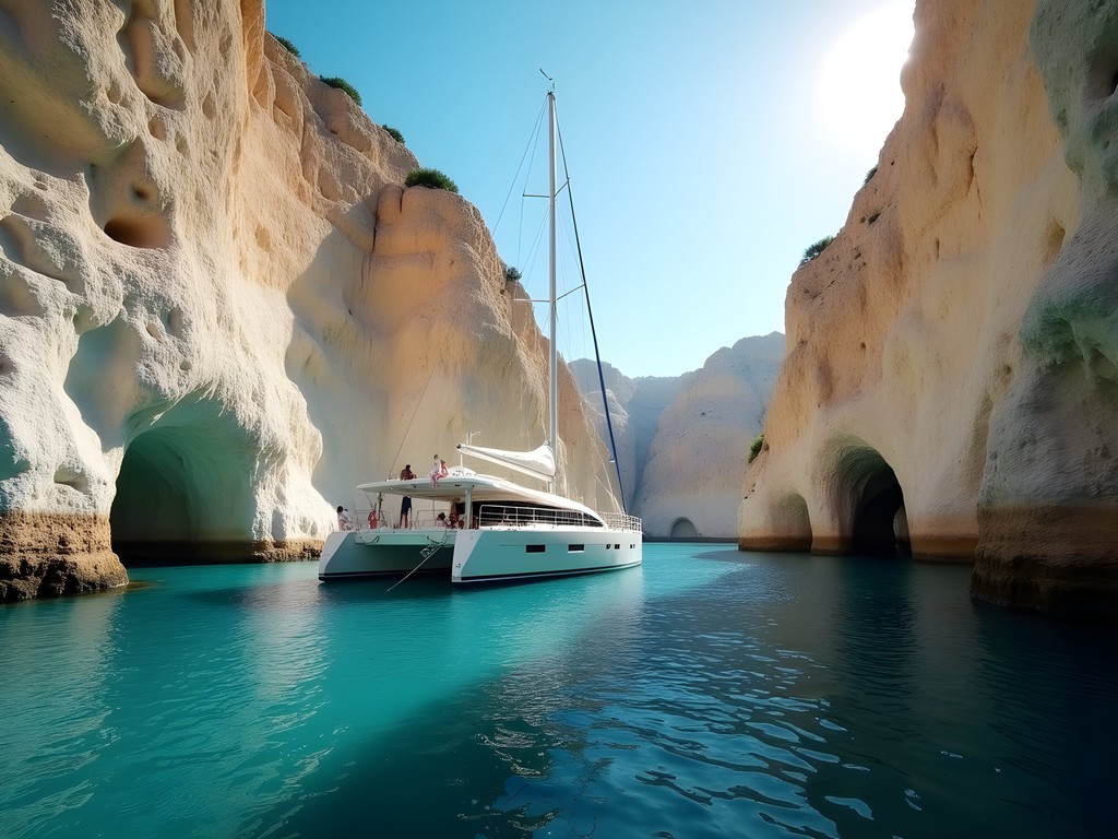 Luxury yacht anchored in Calanque d'En-Vau with dramatic limestone cliffs at sunset