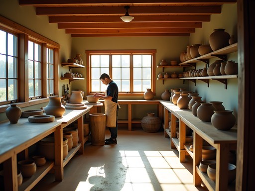 Traditional pottery studio on Martha's Vineyard with local clay works and artisan at wheel