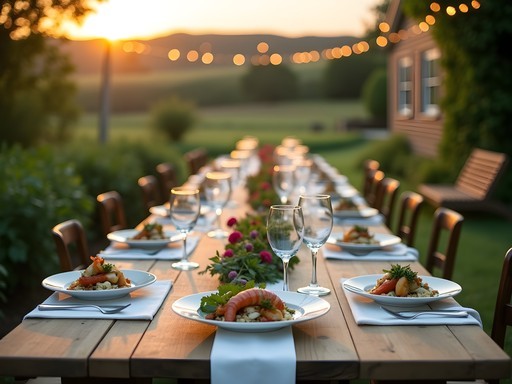 Elegant farm-to-table dinner in Martha's Vineyard garden setting with fresh local produce