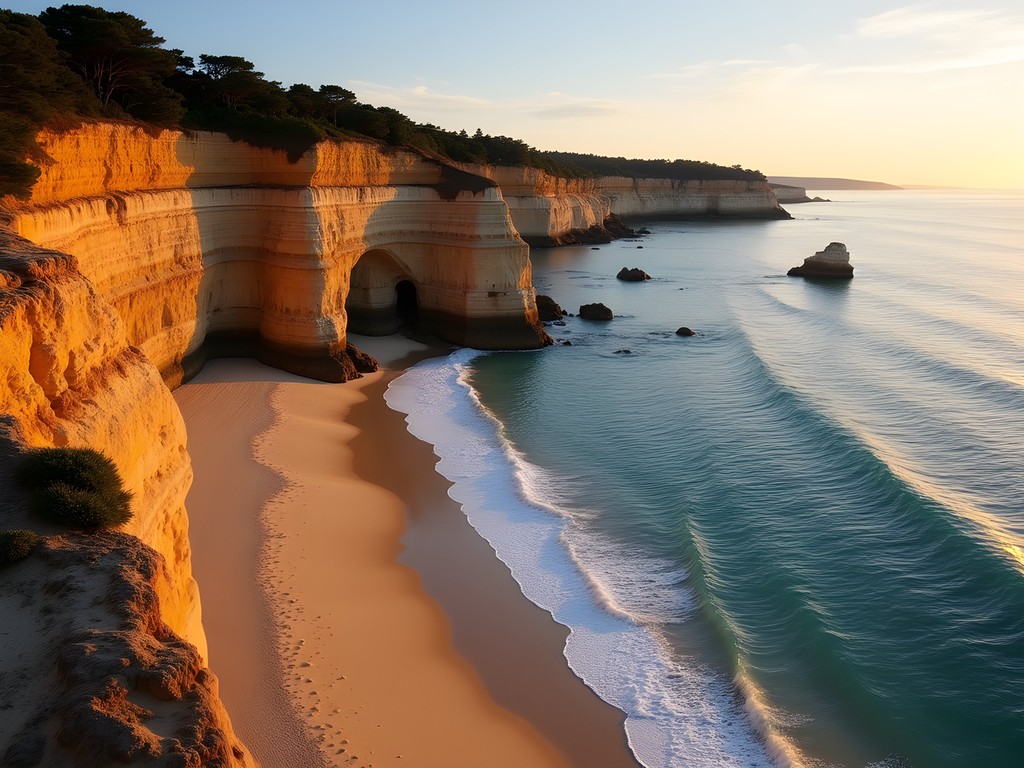 Secluded Martha's Vineyard cove at sunrise with dramatic clay cliffs and calm waters