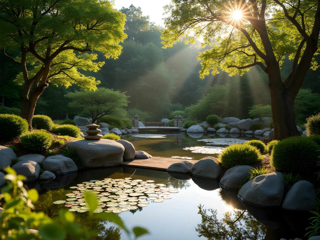 Serene Japanese garden on Martha's Vineyard with meditation area and water features