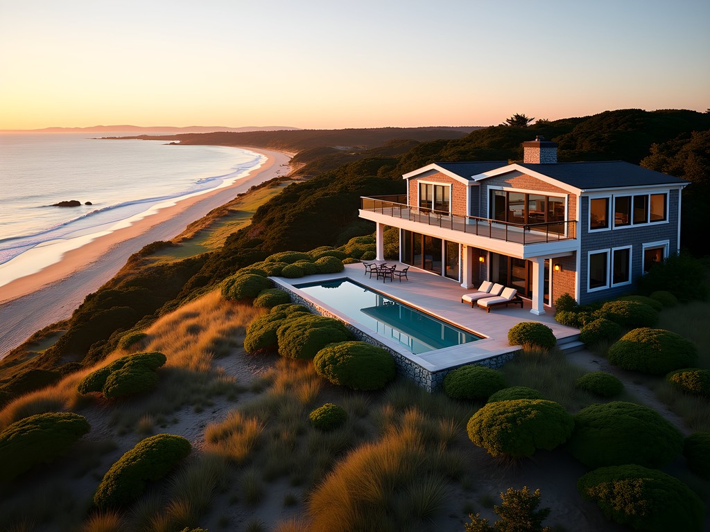 Aerial view of exclusive Martha's Vineyard private peninsula retreat with infinity pool and coastal landscape