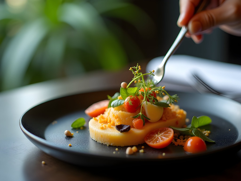 Elegant plated dish at a fine dining restaurant in El Poblado, Medellín