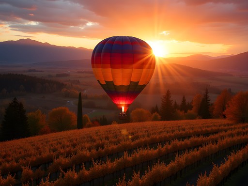 Hot air balloon floating over autumn vineyards and forests during golden hour in Rogue Valley