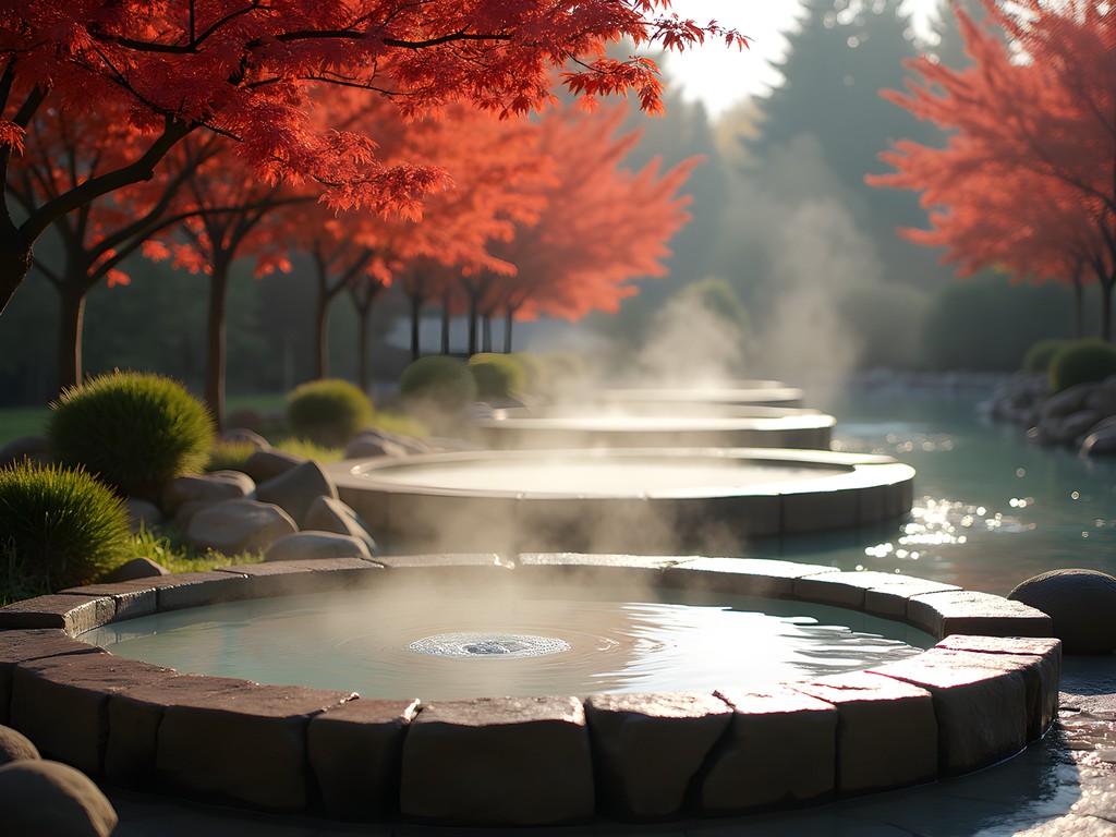 Luxury mineral soaking pools surrounded by autumn foliage at Lithia Springs Resort