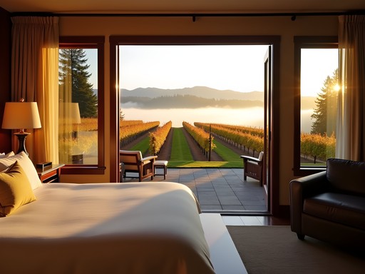 Luxury vineyard suite with private terrace overlooking misty autumn vineyards in Medford, Oregon
