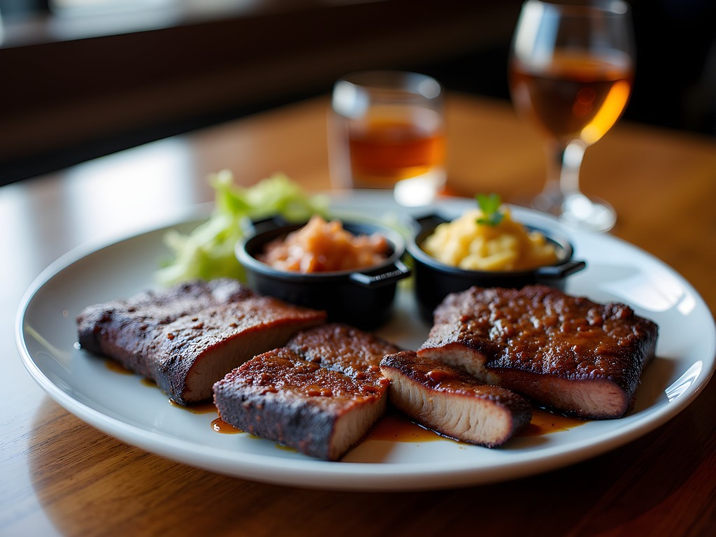 Gourmet Memphis BBQ platter with dry rub ribs, brisket, and craft bourbon at upscale restaurant