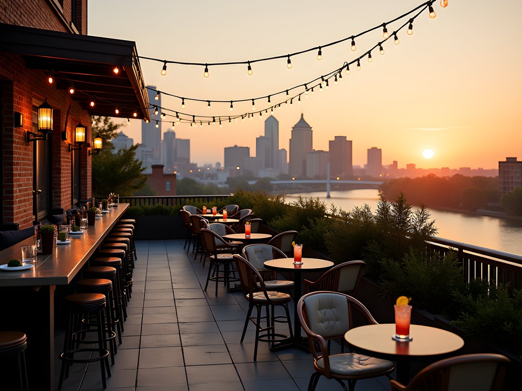 Luxury boutique hotel rooftop bar in Memphis at sunset overlooking downtown skyline