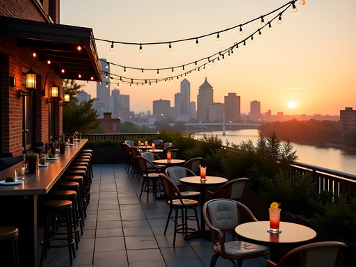 Luxury boutique hotel rooftop bar in Memphis at sunset overlooking downtown skyline