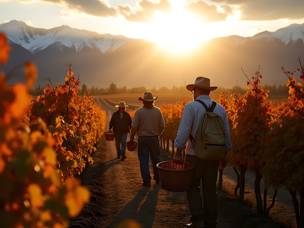 Vineyard workers harvesting grapes at dawn with autumn colors and Andes mountains in background, Mendoza