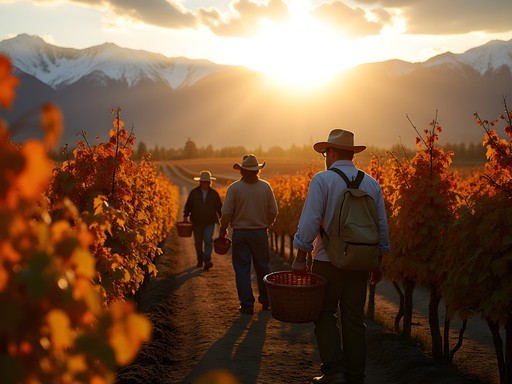 Vineyard workers harvesting grapes at dawn with autumn colors and Andes mountains in background, Mendoza