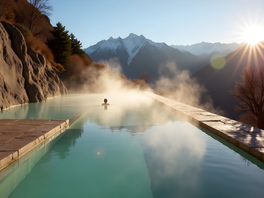 Luxury outdoor thermal pool spa treatment with Andes mountain backdrop in autumn, Mendoza