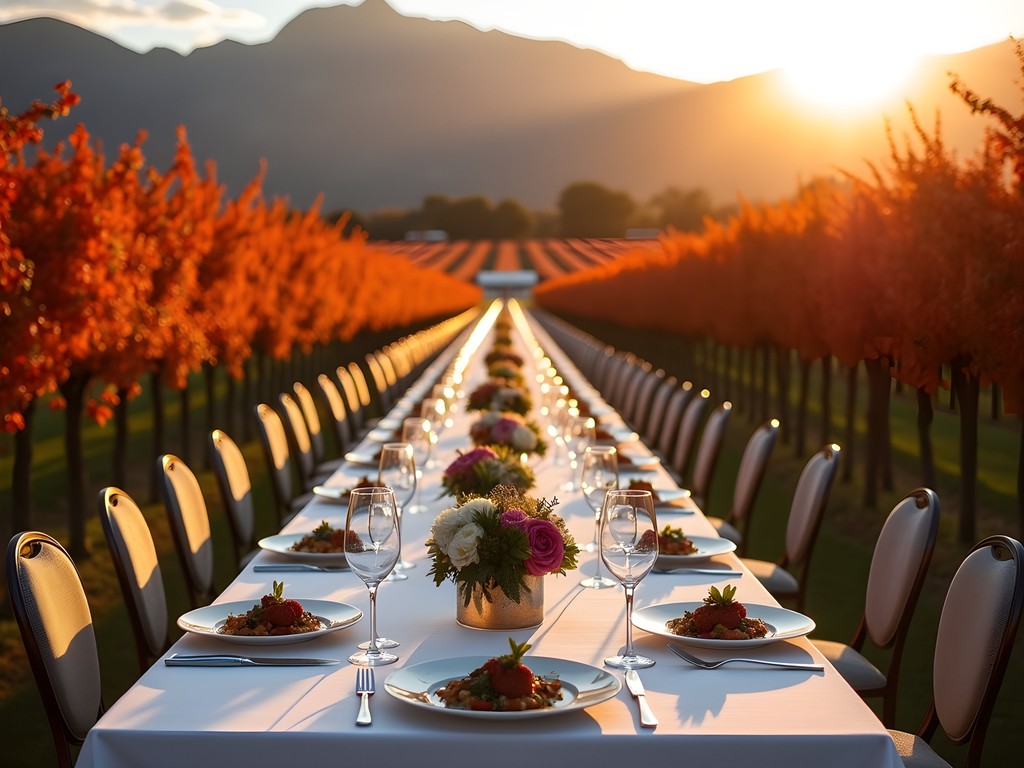 Elegant outdoor dining table set among autumn vineyards in Mendoza with Andes mountains at sunset