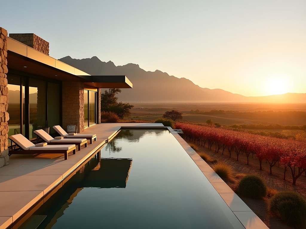 Luxury villa with infinity pool overlooking Mendoza vineyards at sunset with Andes mountains in background