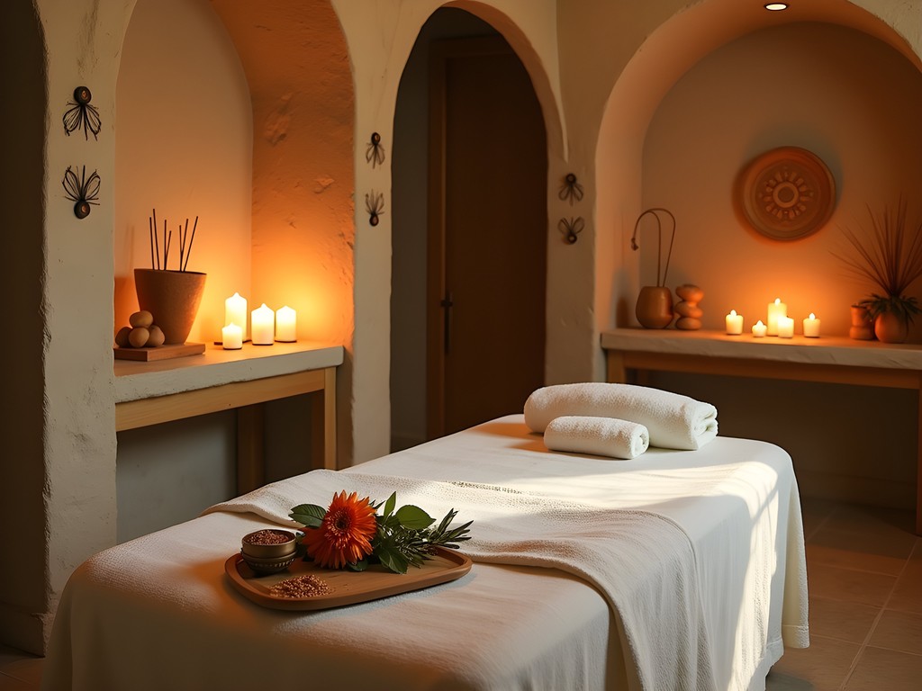 Luxurious spa treatment room with indigenous Mexican elements and modern amenities