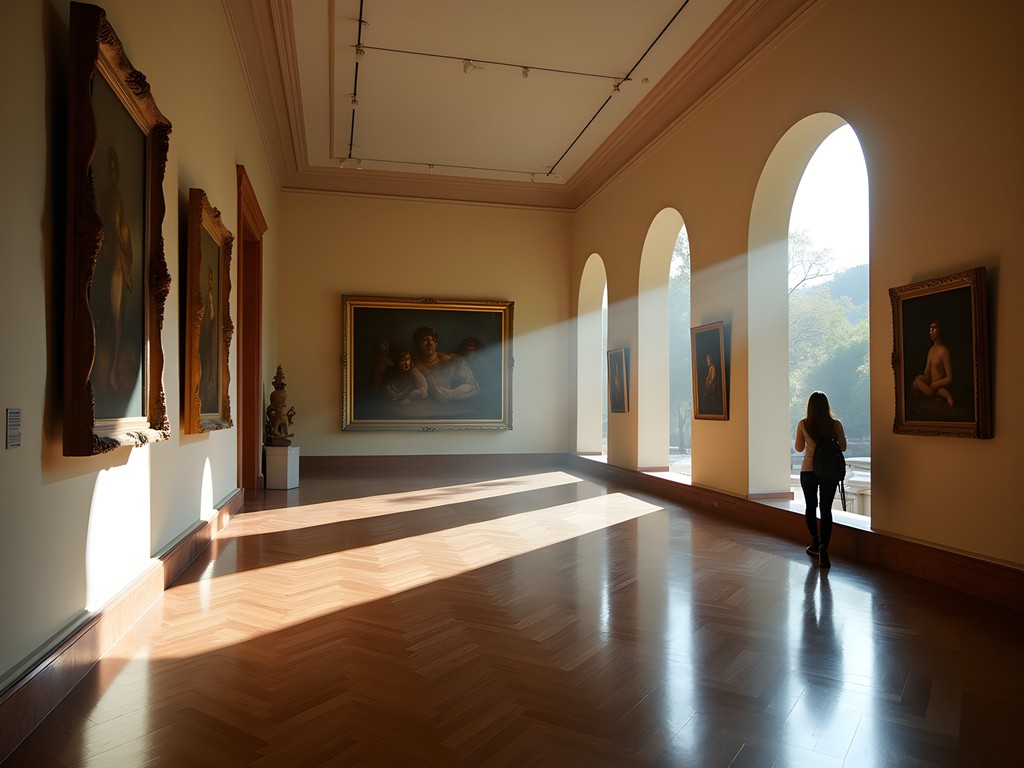 Woman enjoying private early morning access to a Mexico City museum with dramatic lighting