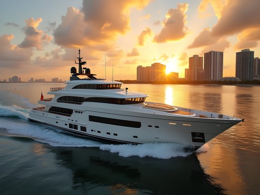 Luxury yacht cruising Biscayne Bay at sunset with Miami skyline