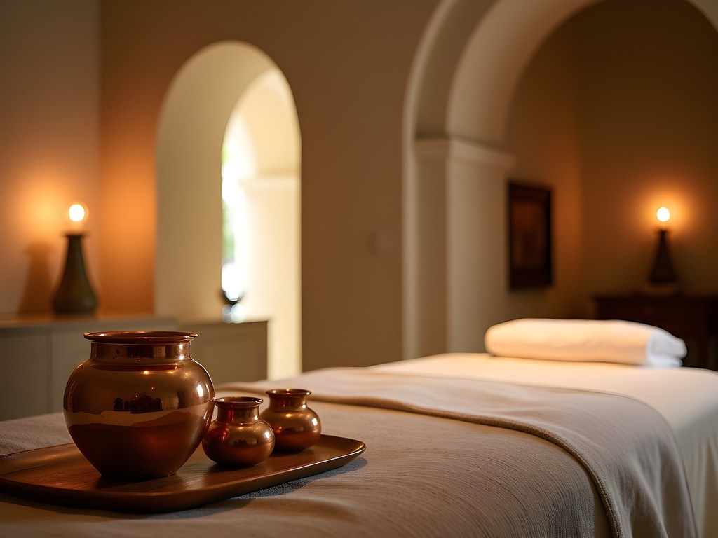 Luxurious ayurvedic spa treatment room at Four Seasons Milan with warm lighting and elegant decor