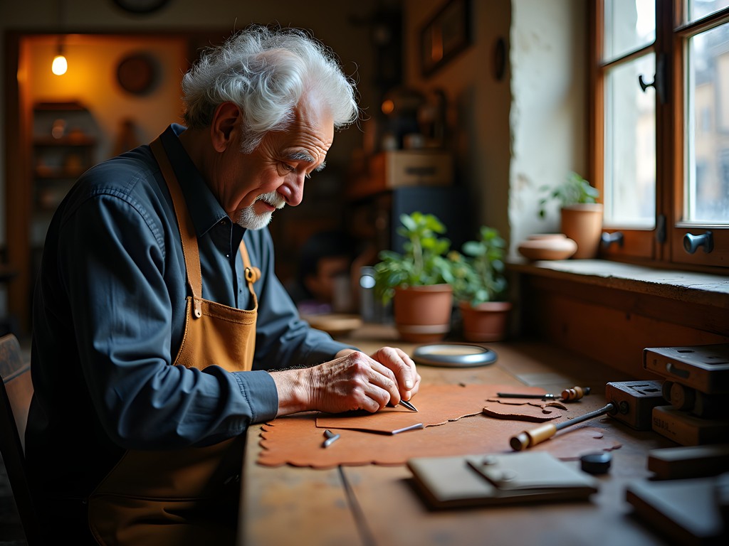 Traditional Italian leather craftsman working in Milan atelier with luxury materials