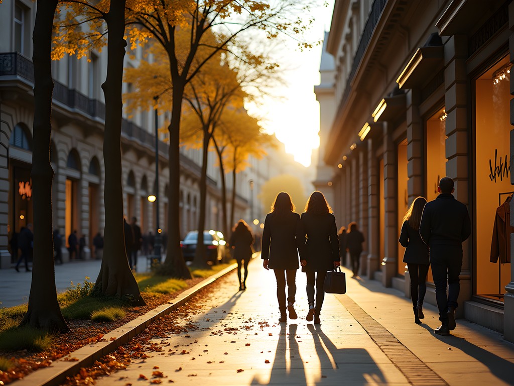Elegant Via Montenapoleone in Milan's fashion district during fall with golden light and stylish locals