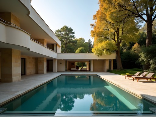 Elegant swimming pool and garden at Villa Necchi Campiglio in Milan showing 1930s rationalist architecture