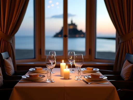 Elegant private dining room at La Mère Poulard with bay windows overlooking Mont-Saint-Michel bay