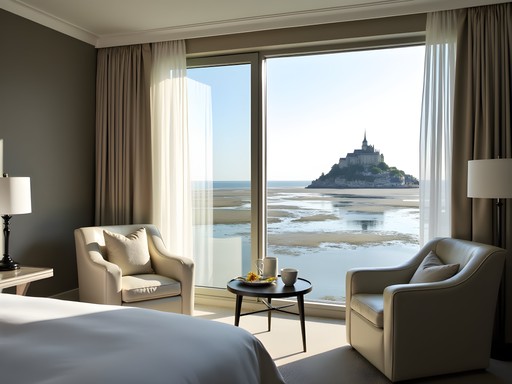 Luxury hotel suite with floor-to-ceiling windows showcasing Mont-Saint-Michel island view