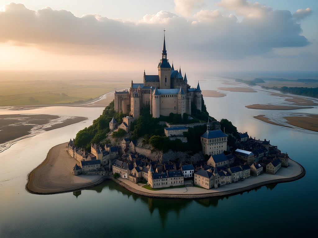 Aerial view of Mont-Saint-Michel island surrounded by tidal flats and bay waters