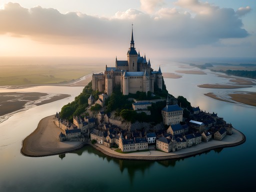 Aerial view of Mont-Saint-Michel island surrounded by tidal flats and bay waters