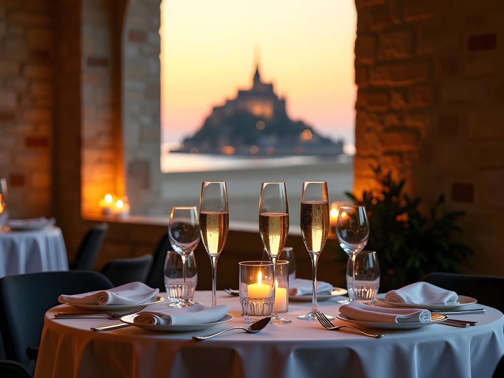 Elegant private dining table overlooking Mont-Saint-Michel bay at sunset