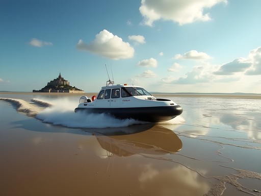 Private hovercraft expedition exploring Mont-Saint-Michel bay with island view