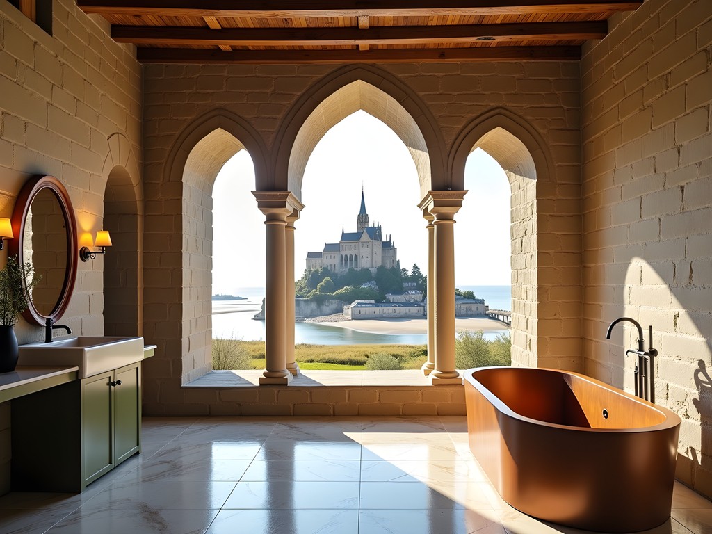 Luxury suite interior at La Mère Poulard with view of Mont-Saint-Michel Abbey