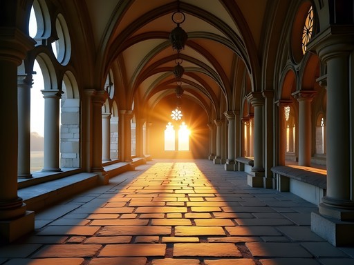 Empty Mont-Saint-Michel Abbey cloisters at dawn with dramatic lighting