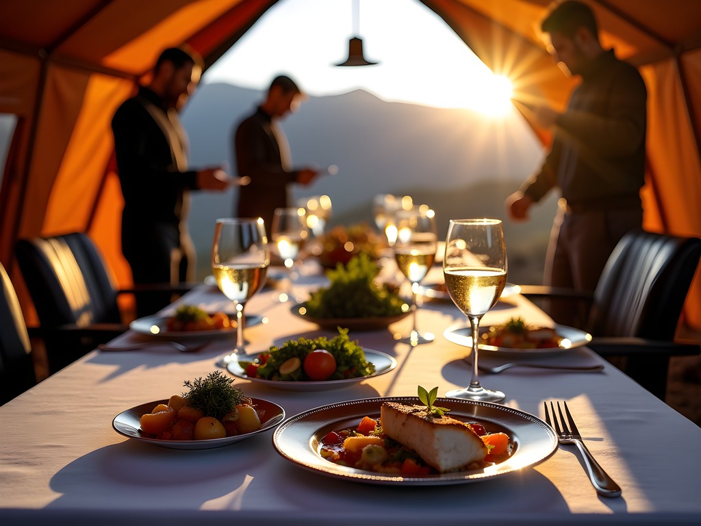 Luxury dining setup at high-altitude camp on Mount Kilimanjaro with white linen and gourmet food